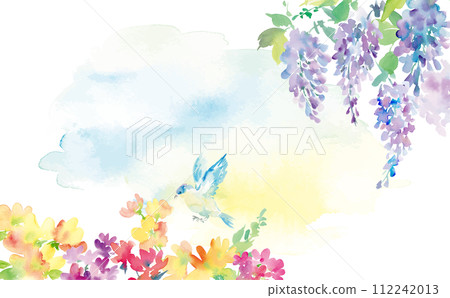 Watercolor illustration of abstract wisteria flowers, flowers and birds for background 112242013