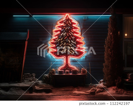 AI Generated neon Christmas tree light on the wall AI Generated neon Christmas tree light on the wall 112242197