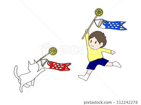 A boy and a cat running with a carp streamer 112242278
