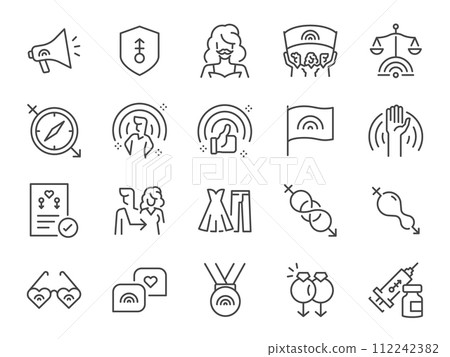 LGBTQi Pride icon set. It included LGBTQ, gender, gender expression, transgender and more icons. Editable Vector Stroke 112242382