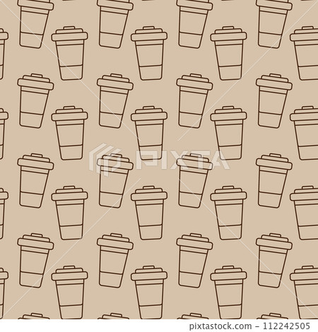 Seamless pattern of outline drawn disposable cups on a backdrop in trendy soft coffee shade. Texture 112242505
