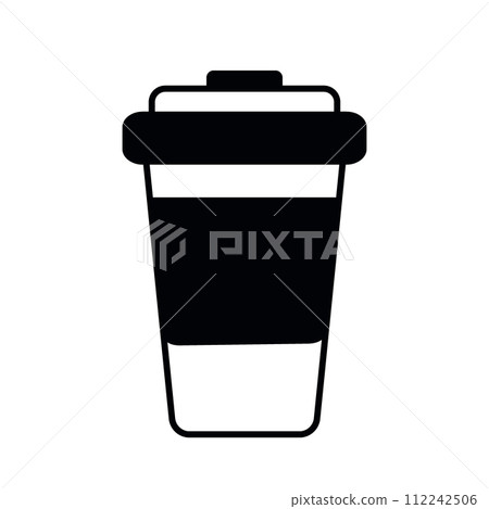 Stylized disposable coffee cup with lid. Design concept for logo, icon, sticker, pointer and other 112242506
