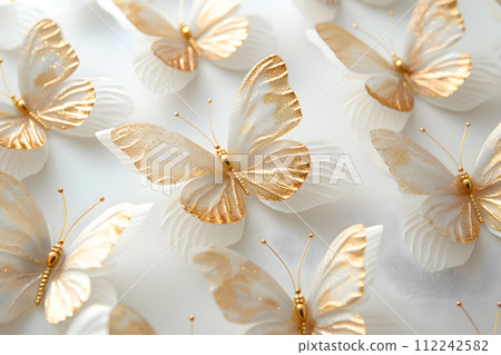 AI-generated content. A group of white and gold butterflies, closeup on a white surface, fluttering from flower to flower as they pollinate the petals with their delicate wings 112242582