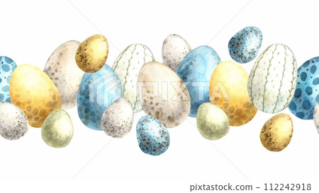 Watercolor seamless Easter line (frame) of colorful eggs. Hand drawn illustrations on isolated background for greeting cards, invitations, happy holidays, posters, graphic design, print, label 112242918