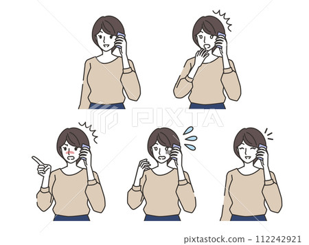 Facial expression set of a woman making a phone call 112242921