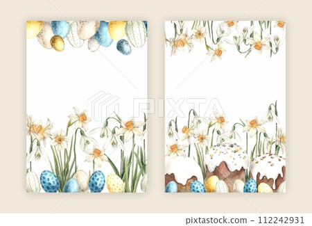 Set of Easter watercolor compositions with Easter cakes, eggs and daffodils. Hand drawn illustrations on isolated background for greeting cards, invitations, happy holidays, posters, graphic design, p 112242931