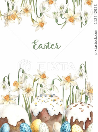 Watercolor Easter composition with text, Easter cakes, eggs and daffodils. Hand drawn illustrations on isolated background for greeting cards, invitations, happy holidays, posters, graphic design, pri Watercolor Easter composition with text, Easter cakes, eggs and daffodils. Hand drawn illustrations on isolated background for greeting cards, invitations, happy holidays, posters, graphic design, pri 112242938