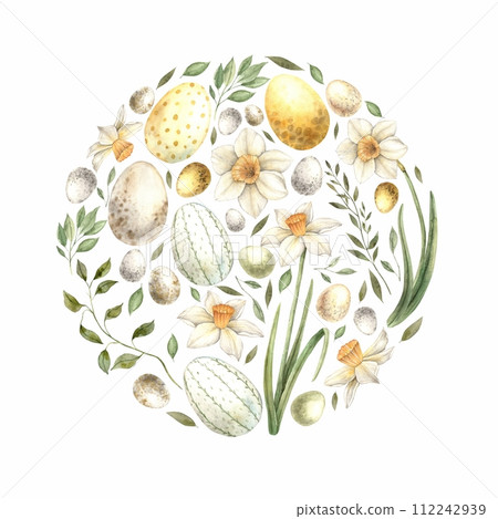 Watercolor round composition of daffodils, eggs, green plants. Drawing on isolated background for greeting cards, invitations, happy holidays, posters, design, print, label. 112242939