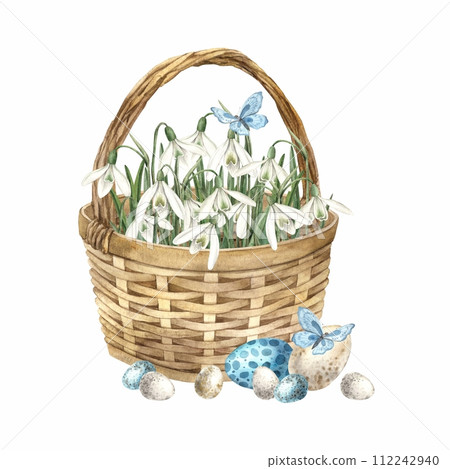 Watercolor Easter composition with wicker basket, snowdrops and eggs. Hand drawn illustrations on isolated background for greeting cards, invitations, happy holidays, posters, design, print, package Watercolor Easter composition with wicker basket, snowdrops and eggs. Hand drawn illustrations on isolated background for greeting cards, invitations, happy holidays, posters, design, print, package 112242940