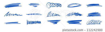 Line brush marker, pen, pencil stroke vector. Blue line brush marker scribble sketch underline. Hand drawn doodle pencil scratch mark. Scrawl texture underline effect. Vector 112242980