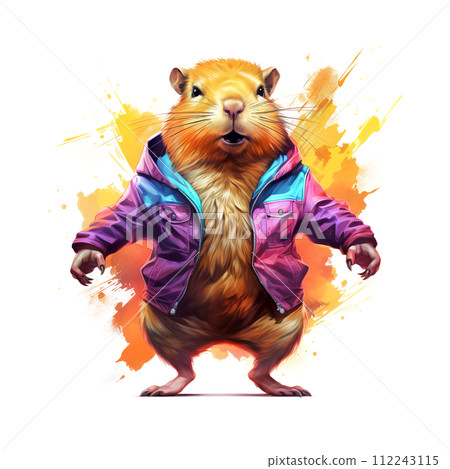 Cool capybara wearing jacket for Sublimation Printing, capybara T-shirt Design Clipart, DTF DTG Printing, Wild Animals painting, Illustration, Generative AI. 112243115