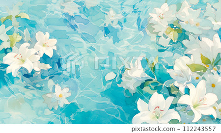 漂浮在水面上的美麗白花的水彩插圖背景“AI生成圖像” 112243557