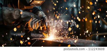 A man is working with a piece of metal, and sparks are flying A man is working with a piece of metal, and sparks are flying 112243609