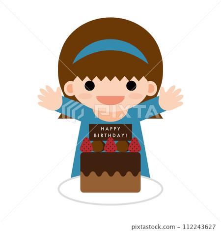 Illustration of a smiling girl in a headband looking at a birthday cake 112243627