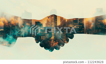 A digital composite image blending a handshake with a vibrant cityscape, symbolizing business partnerships and urban economic growth. 112243628