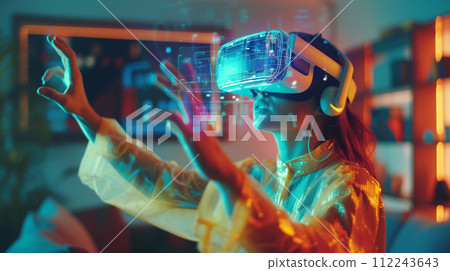 A woman is fully engaged with a virtual reality headset, interacting with a vivid, dynamic digital interface in a colorful, neon-lit room. A woman is fully engaged with a virtual reality headset, interacting with a vivid, dynamic digital interface in a colorful, neon-lit room. 112243643