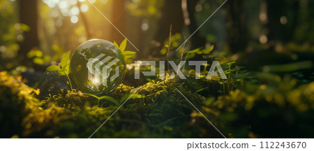 A captivating image of a crystal globe reflecting the Earth, nestled among lush forest moss, with the sun's rays piercing through the canopy, highlighting the delicate balance of our planet. A captivating image of a crystal globe reflecting the Earth, nestled among lush forest moss, with the sun's rays piercing through the canopy, highlighting the delicate balance of our planet. 112243670