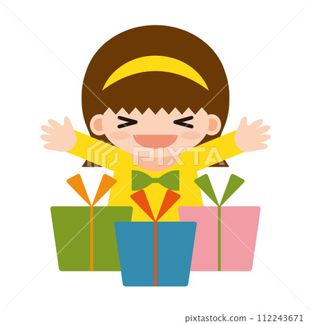 Illustration of a girl wearing a headband who is surprised to receive a present 112243671