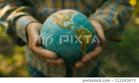 Close-up of hands cradling a globe, symbolizing personal responsibility and care for the planet against a backdrop of nature's green hues. 112243673