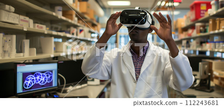 A researcher adjusts a virtual reality headset in a laboratory, preparing to delve into the augmented reality of genetic sequencing, with laboratory supplies and computer monitors in the background. 112243681