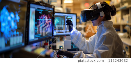 A scientist in a lab coat, engaged in a virtual reality interface, meticulously analyzes molecular data, with multiple high-definition screens displaying complex scientific information in a 112243682