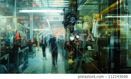 This image captures a humanoid android head in a futuristic facility, symbolizing the cutting-edge integration of artificial intelligence into modern technology and infrastructure. 112243686