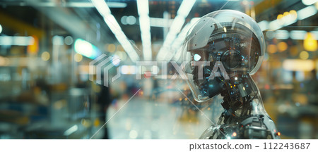 This image captures a humanoid android head in a futuristic facility, symbolizing the cutting-edge integration of artificial intelligence into modern technology and infrastructure. This image captures a humanoid android head in a futuristic facility, symbolizing the cutting-edge integration of artificial intelligence into modern technology and infrastructure. 112243687