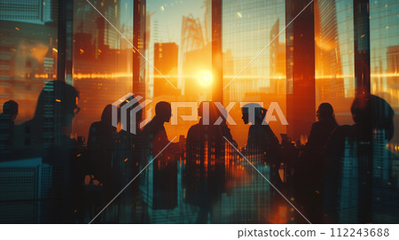 A group of professionals silhouette against the vibrant hues of a sunset, seen through the reflective glass of a modern office building, encapsulating the essence of urban corporate life. A group of professionals silhouette against the vibrant hues of a sunset, seen through the reflective glass of a modern office building, encapsulating the essence of urban corporate life. 112243688
