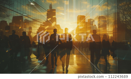 Silhouettes of commuters and pedestrians are captured against the backdrop of a sunset-reflected skyscraper, highlighting the bustling activity of city life during the golden hour. Silhouettes of commuters and pedestrians are captured against the backdrop of a sunset-reflected skyscraper, highlighting the bustling activity of city life during the golden hour. 112243689