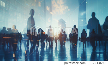 The dynamic flow of corporate life is elegantly captured as silhouetted figures traverse a luminous office lobby, with the city twilight skyline serving as a vivid backdrop. 112243690