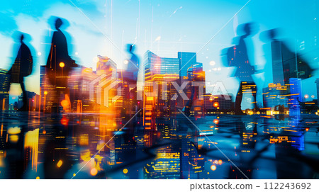 Dynamic silhouettes of city dwellers merge with the electric blues and vibrant yellows of a digitally enhanced cityscape, reflecting the pulse of urban life as night falls. Dynamic silhouettes of city dwellers merge with the electric blues and vibrant yellows of a digitally enhanced cityscape, reflecting the pulse of urban life as night falls. 112243692