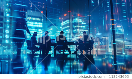 Silhouetted business figures engage in a meeting, surrounded by the neon-lit grandeur of a futuristic cityscape, their reflections dancing across the sleek surface of a high-tech conference room. 112243693