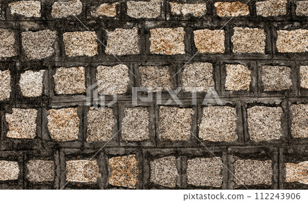 Stone wall textured background. Dark brown and beige bricks have textured and uneven shapes. Stone wall textured background. Dark brown and beige bricks have textured and uneven shapes. 112243906