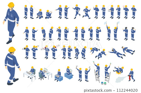 Isometric person illustration: worker in work clothes and helmet Isometric person illustration: worker in work clothes and helmet 112244020