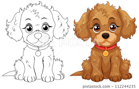 Cute Cartoon Puppies in Color and Outline 112244235