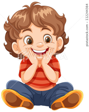 Happy Cartoon Boy Sitting Cheerfully 112244364