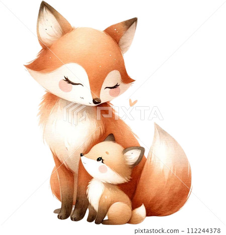 Mother and baby fox animal watercolor clipart. Ai Generate Mother and baby fox animal watercolor clipart. Ai Generate 112244378