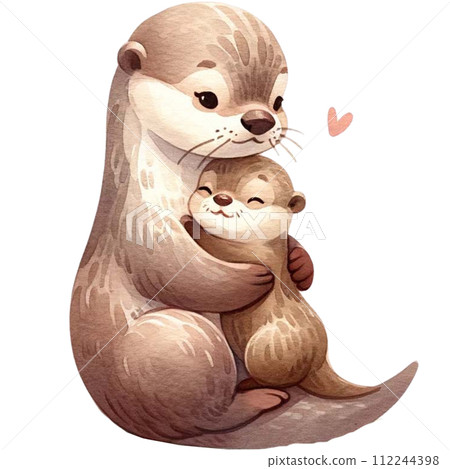 Mother and baby Otter animal watercolor clipart. Ai Generate 112244398