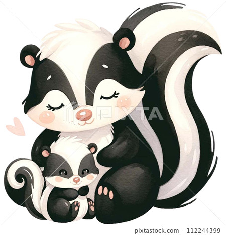 Mother and baby Skunk animal watercolor clipart. Ai Generate 112244399