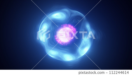 Abstract blue purple energy glowing digital sphere atom made of iridescent energy from moving electric plasma liquid on black background Abstract blue purple energy glowing digital sphere atom made of iridescent energy from moving electric plasma liquid on black background 112244614