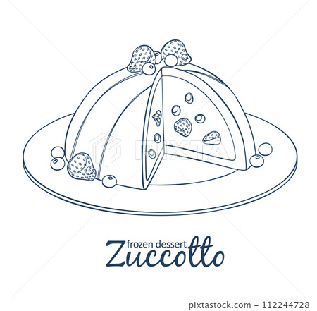 Zucotto dessert with berries icon, cartoon vector linear black and white illustration 112244728