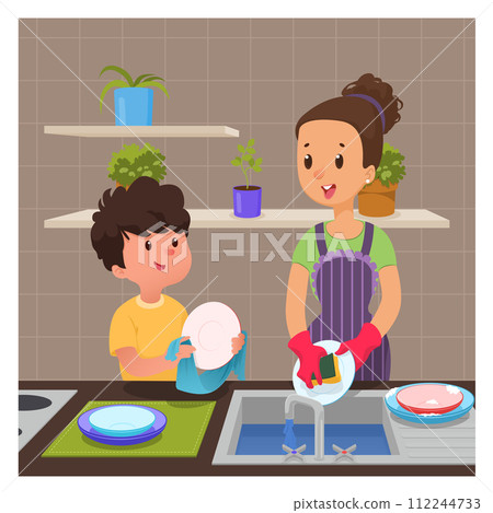 Cute boy helps mom to wash dishes 112244733