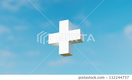 A blue sky and a white cross floating in the air. 3D (horizontal) A blue sky and a white cross floating in the air. 3D (horizontal) 112244737