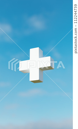 A blue sky and a white cross floating in the air. 3D (vertical) 112244739
