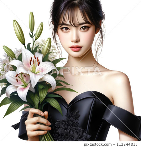 一件黑色婚紗的新娘有一束百合花 112244813