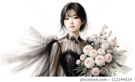 一件黑色婚紗的新娘有一束玫瑰 112244814