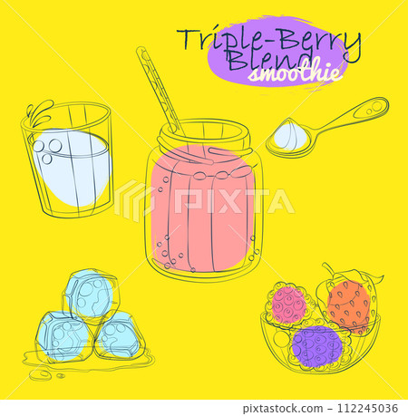 Triple berry smoothie recipe illustration with strawberry, raspberry, blackberry, milk. Milkshake ingredients cartoon vector icons Hand drawn linear illustration on yellow background Triple berry smoothie recipe illustration with strawberry, raspberry, blackberry, milk. Milkshake ingredients cartoon vector icons Hand drawn linear illustration on yellow background 112245036