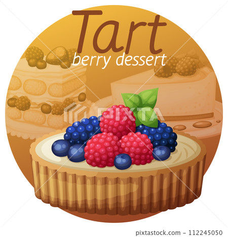 Tart dessert with berries icon on bright gradient background. Cartoon vector illustration Tart dessert with berries icon on bright gradient background. Cartoon vector illustration 112245050