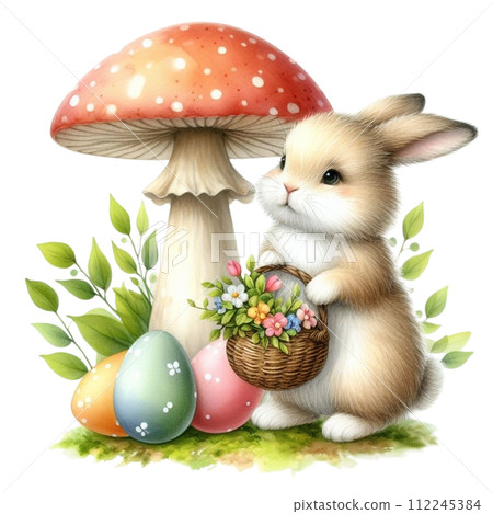 cute rabbit sitting on the back of a mushroom 112245384