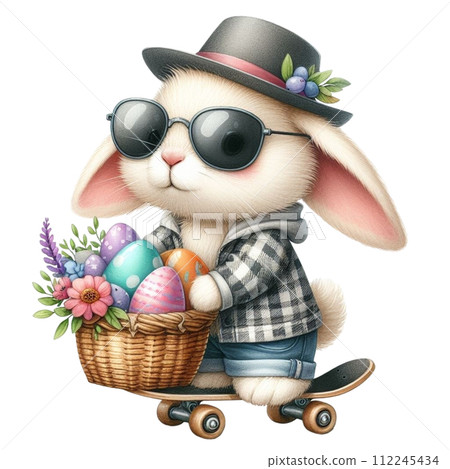 Rabbit holding a basket of easter eggs riding on skateboard 112245434